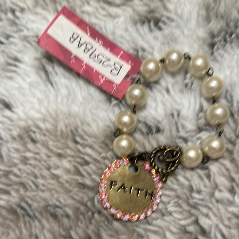 Pearl Bracelet with Gold Faith Charm